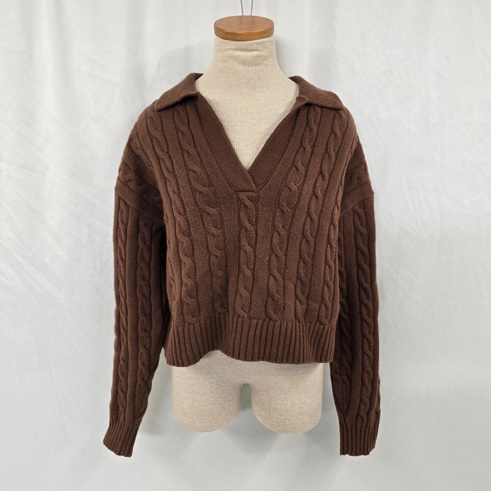 Sunday Best Lottie Sweater Women's S Brown Cable Knit V-Neck Polo Collar Cropped